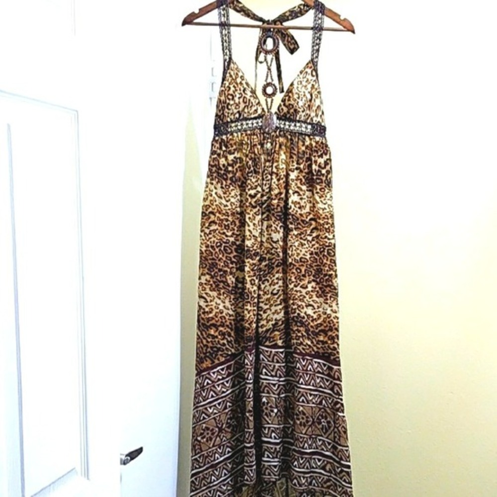 Lyndia by Lyndia Prochnik Leopard Print‎ Boho Maxi Dress Crochet Wood Beads 10
